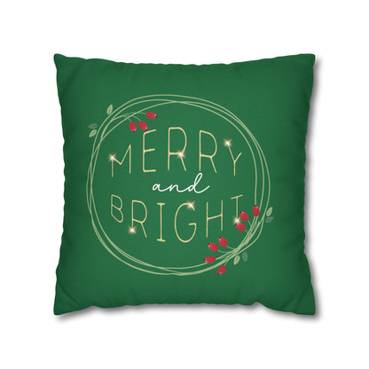 "Merry & Bright" Christmas Pillow Cover, Green