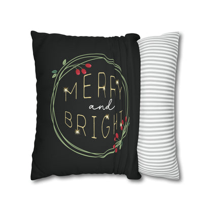 "Merry & Bright" Christmas Pillow Cover, Black