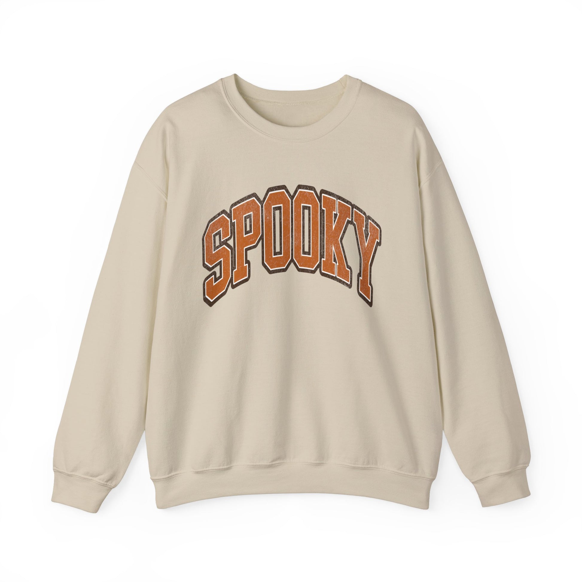 Sand colored Halloween crewneck sweatshirt featuring the word SPOOKY in arched, bold orange and black letters on the front.