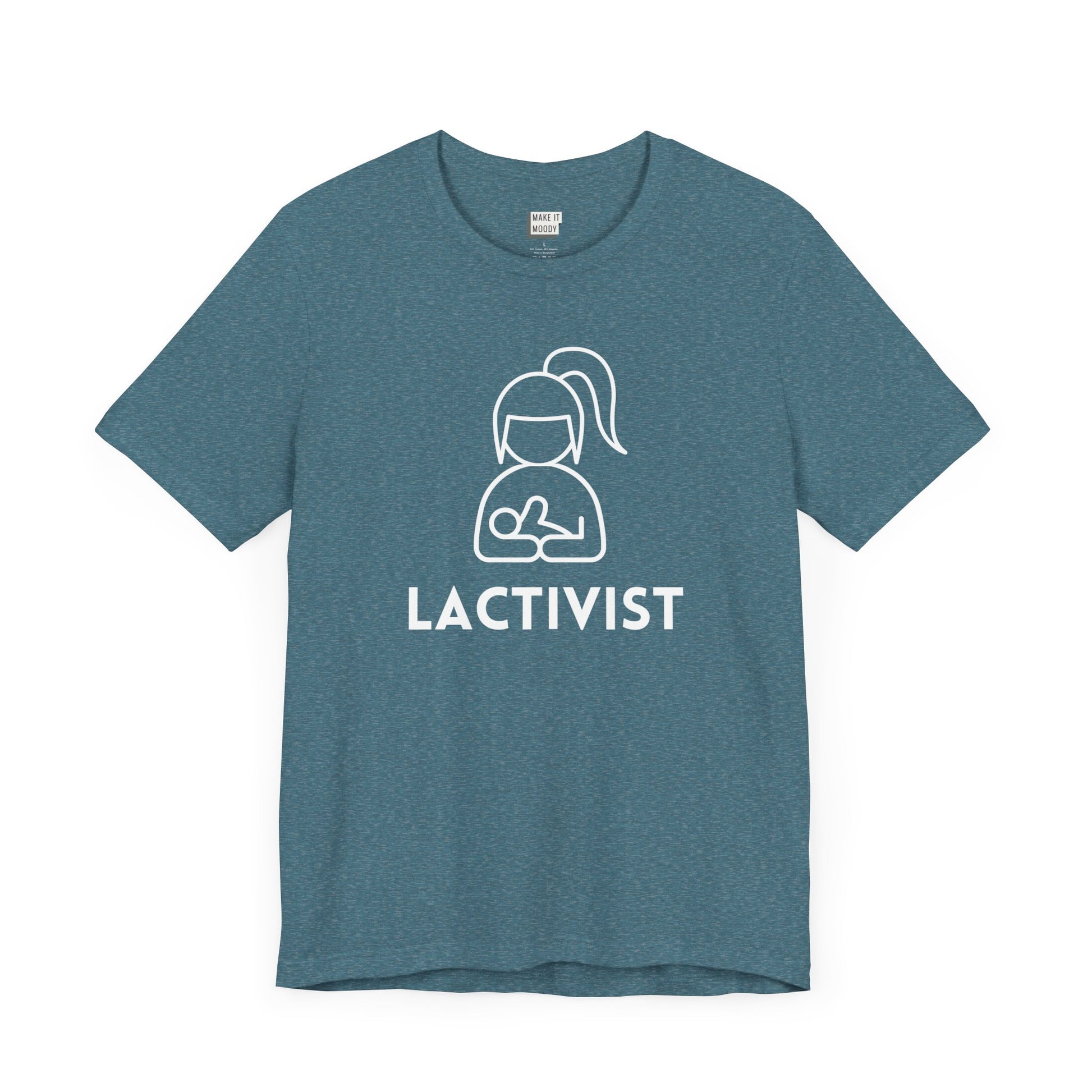 Teal breastfeeding t-shirt that says LACTIVIST with a minimalistic graphic of a mother nursing a baby.