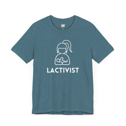 Teal breastfeeding t-shirt that says LACTIVIST with a minimalistic graphic of a mother nursing a baby.