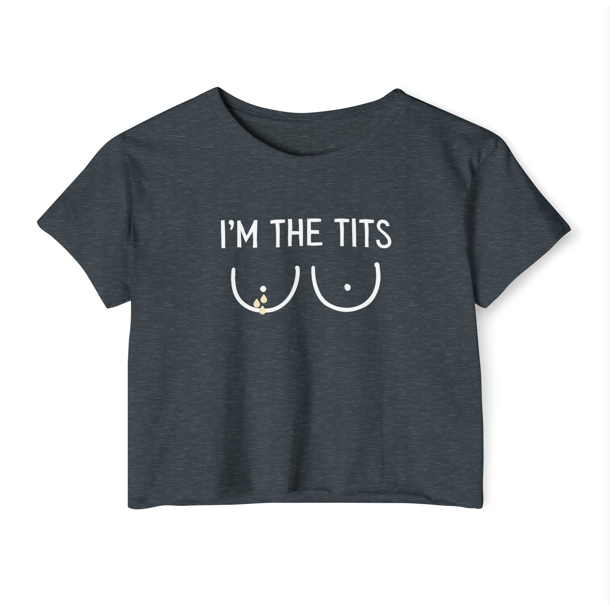 A smoked paprika "I'm The Tits" Breastfeeding Cropped Tee featuring the text "I'M THE TITS" and a minimalist drawing of two breasts in white beneath the text, making it a perfect funny breastfeeding shirt.