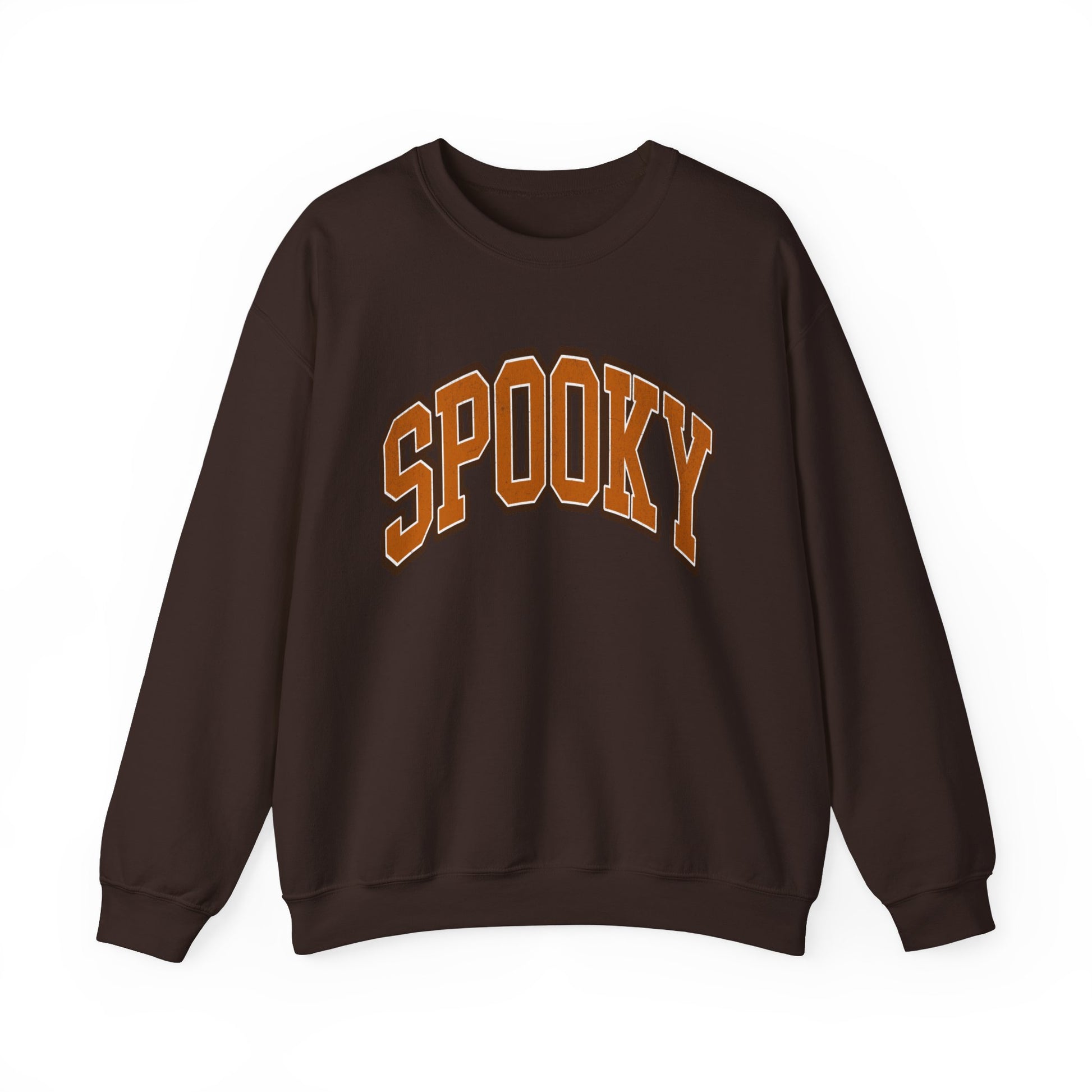 Brown colored Halloween crewneck sweatshirt featuring the word SPOOKY in arched, bold orange and black letters on the front.