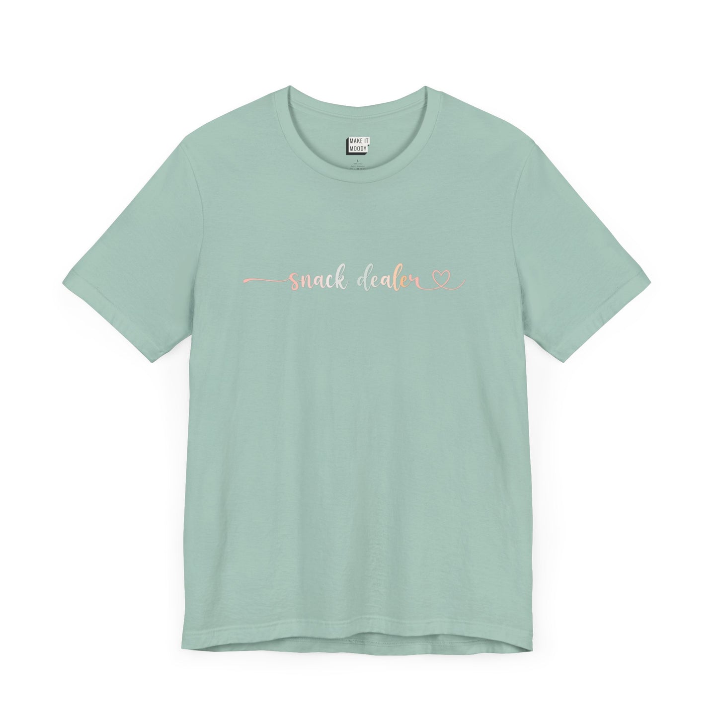 Dusty blue funny shirt for moms in grey with the words, "Snack Dealer" on the front in script font.