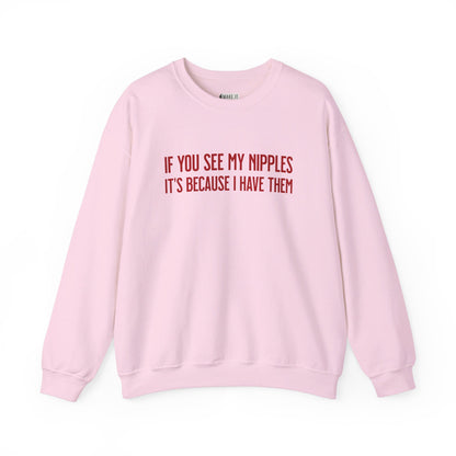 Pink breastfeeding sweatshirt that says IF YOU SEE MY NIPPLES IT'S BECAUSE I HAVE THEM in red font.