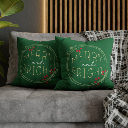 "Merry & Bright" Christmas Pillow Cover, Green