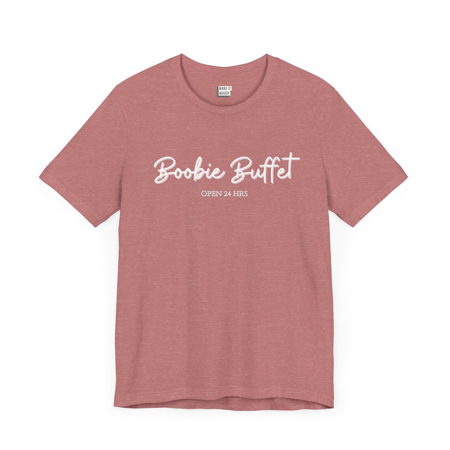 Heathered mauve breastfeeding t-shirt with boobie buffet, open 24 hours printed on the front in white.