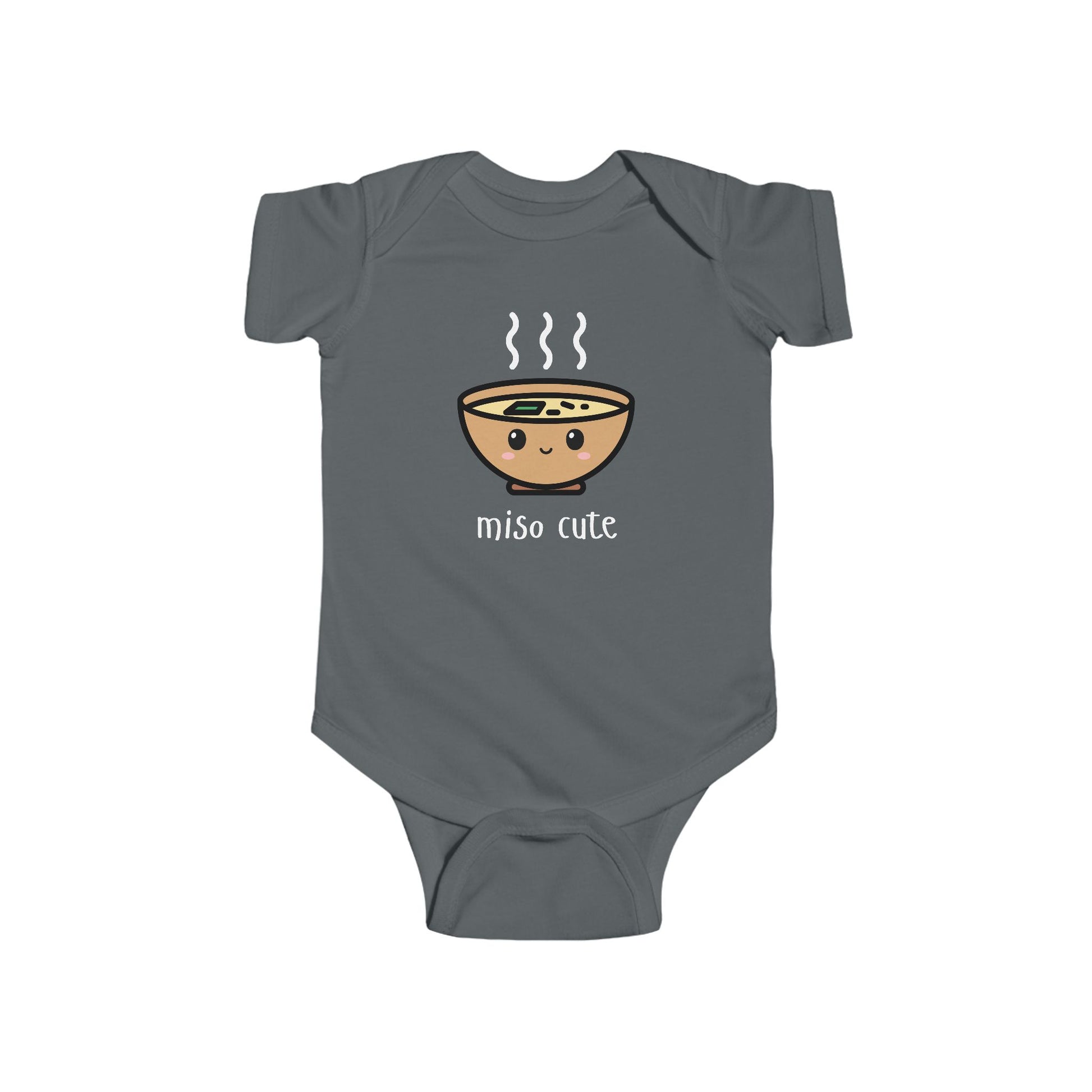 Charcoal infant bodysuit that says MISO CUTE with a kawaii illustration of a bowl of miso soup.