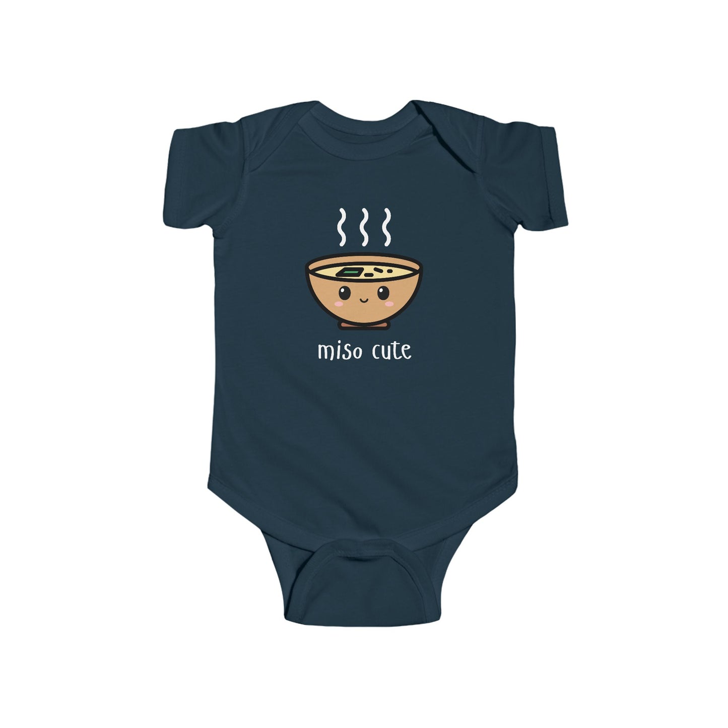 Navy infant bodysuit that says MISO CUTE with a kawaii illustration of a bowl of miso soup.