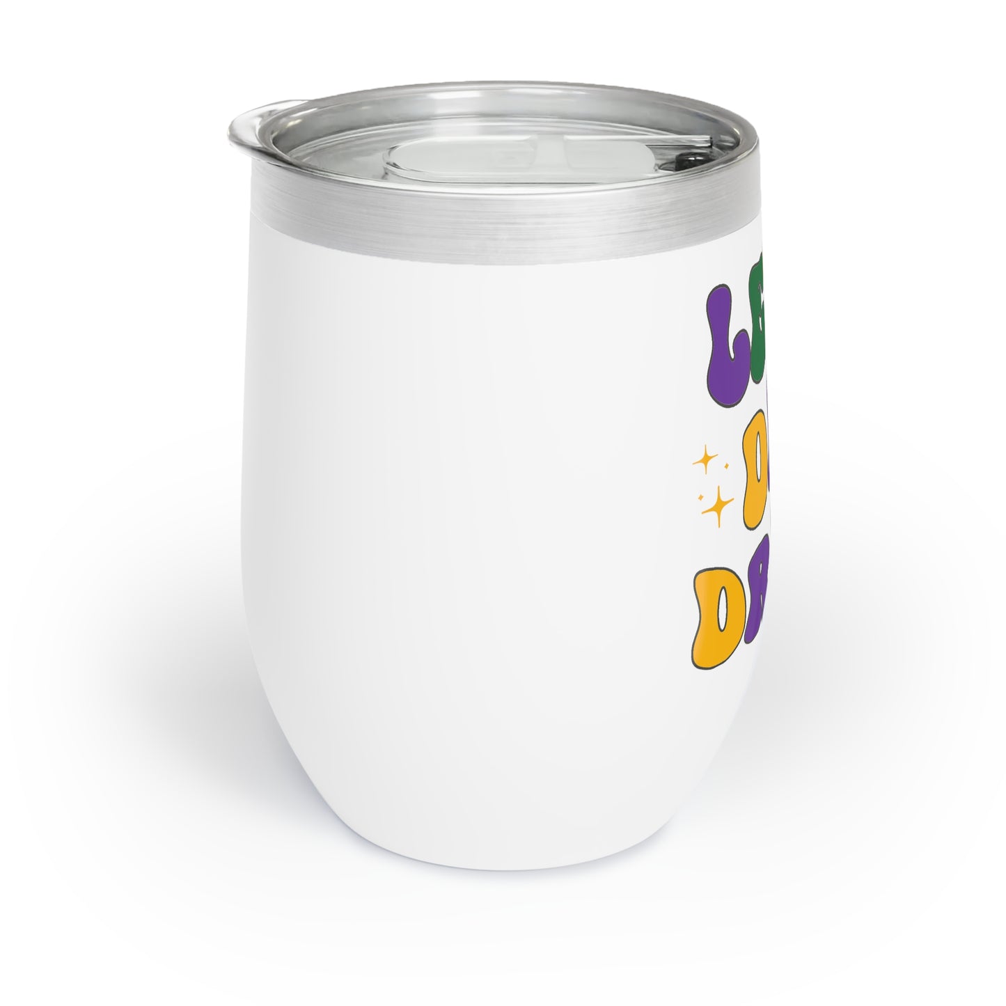 mardi gras themed wine tumbler that says "let's day drink"