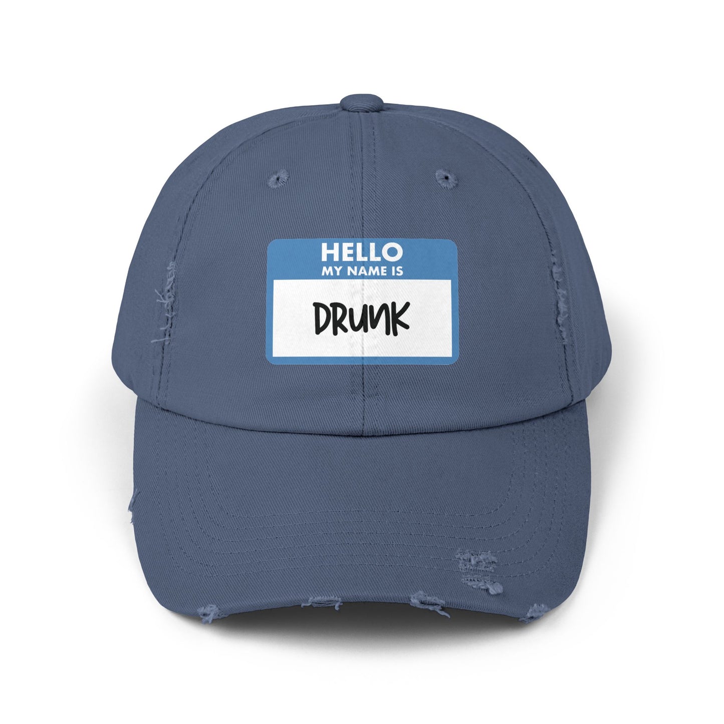 Drinking hat in blue that says HELLO MY NAME IS DRUNK on the front. The design is made to look like a sticker name tag that you write your name on and wear at events or parties.