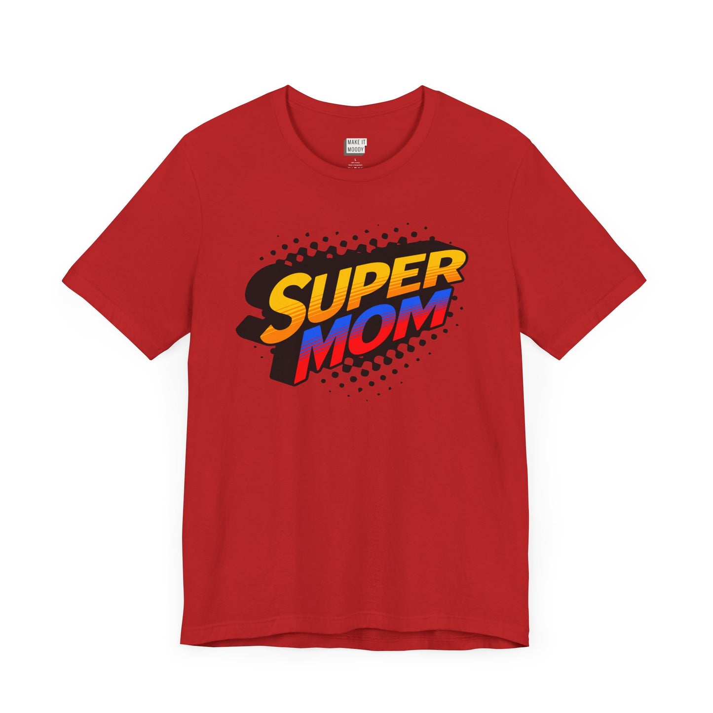 red t-shirt that says super mom in the colors red, blue and yellow in a comic style font