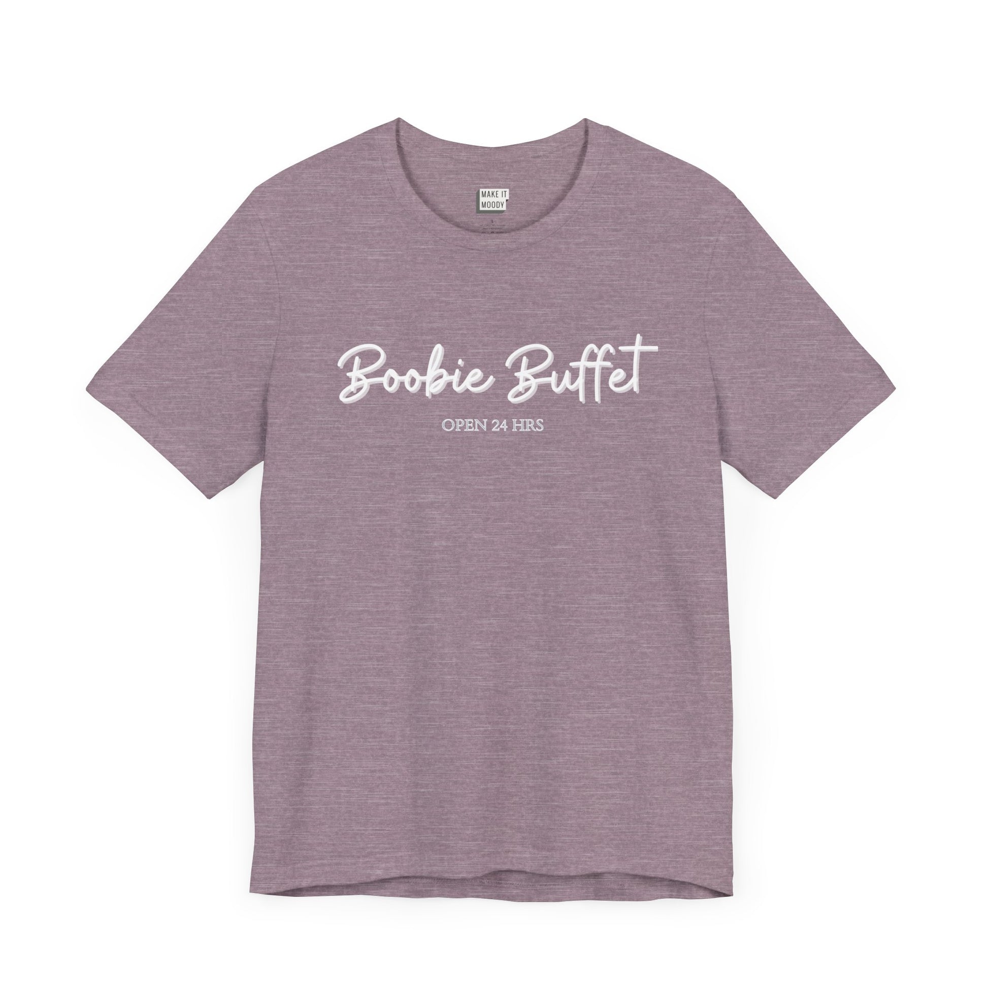 Light purple breastfeeding t-shirt with boobie buffet, open 24 hours printed on the front in white.