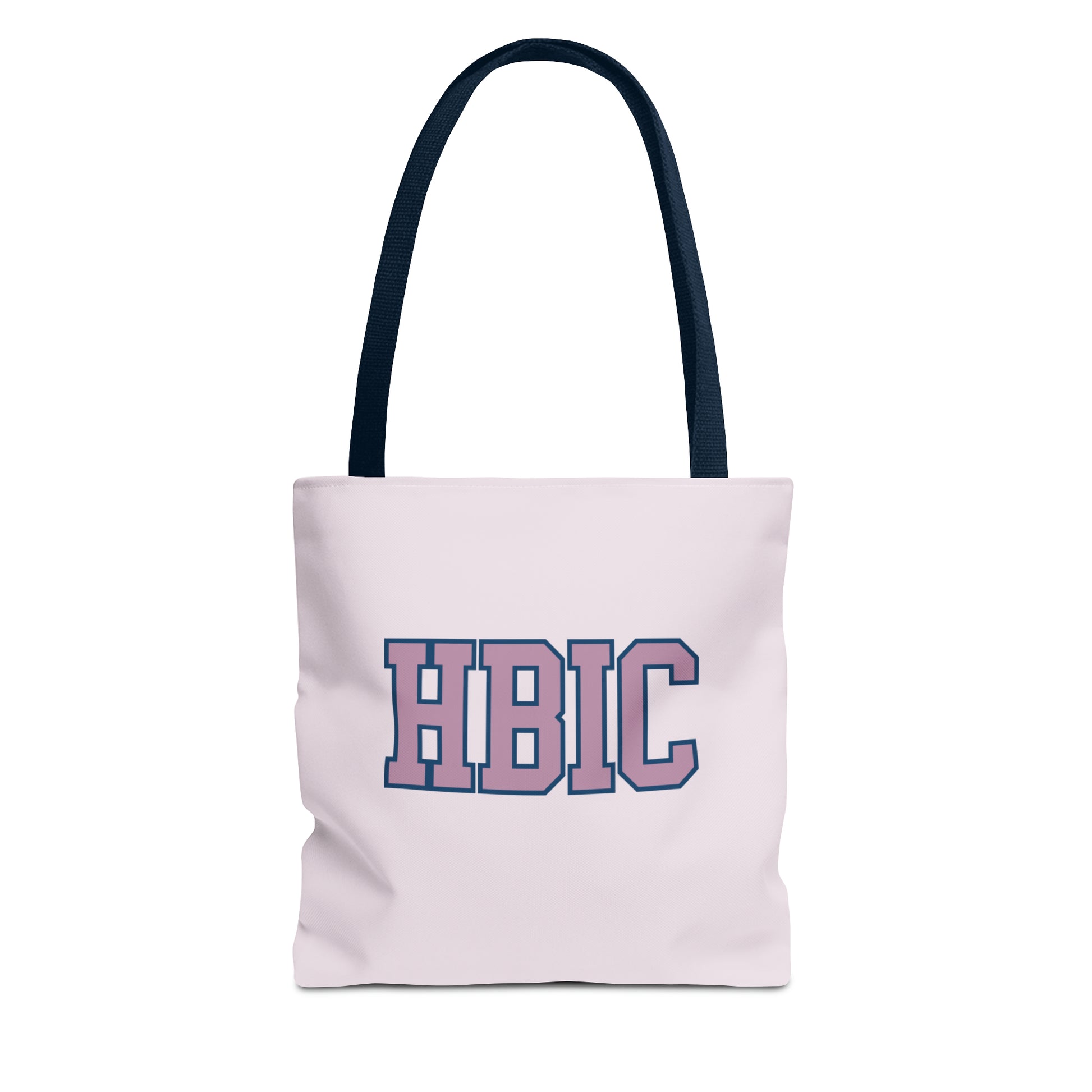 A navy tote bag with black handles and the text "HBIC" printed in bold, purple letters on the front.