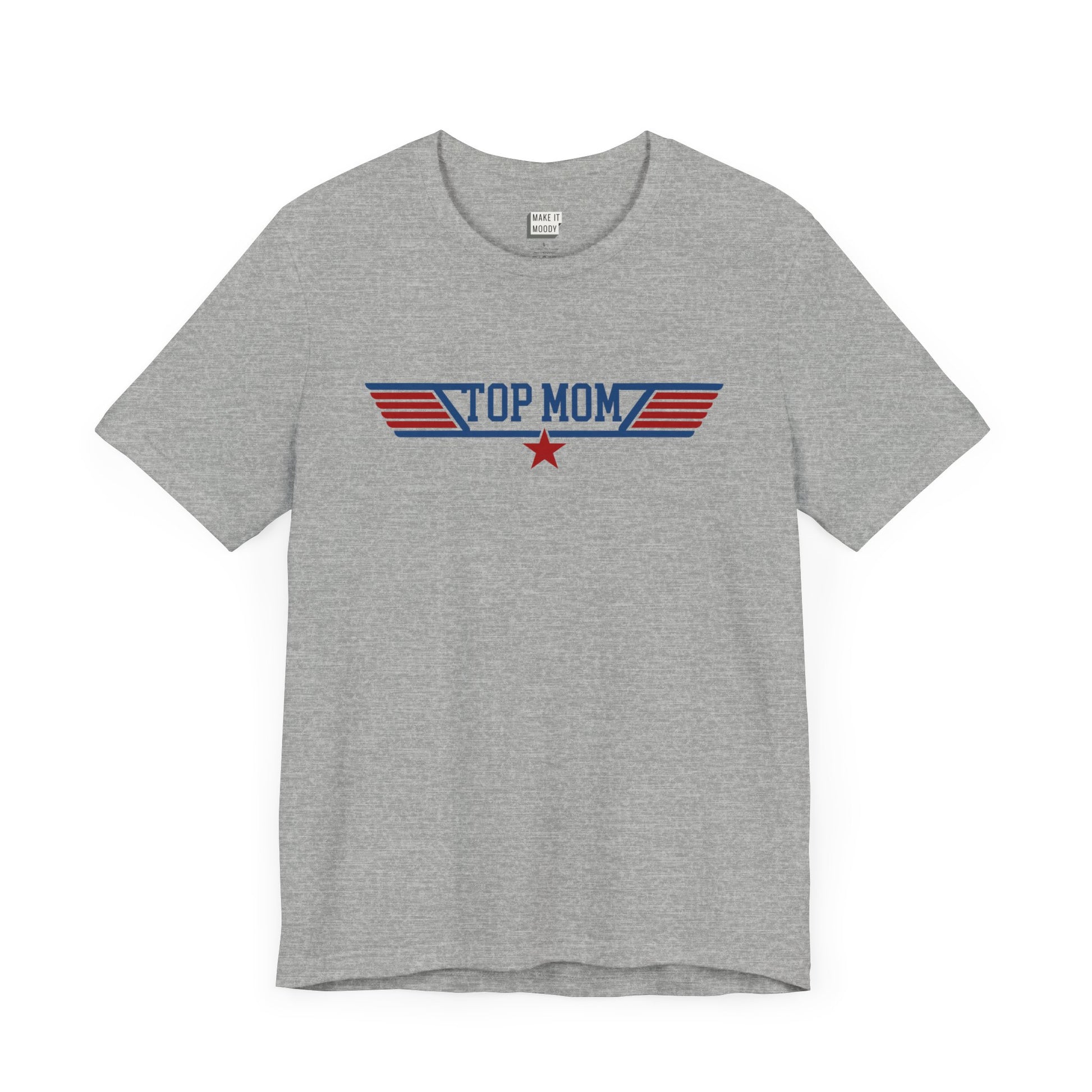 Aviation mom t-shirt in heather grey, featuring red, white, and blue text that says Top Mom with aviation style star graphic.