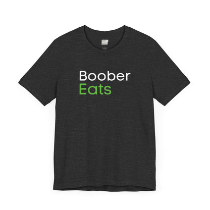 Dark heather grey breastfeeding t-shirt with boober eats printed on the front in white and green lettering.