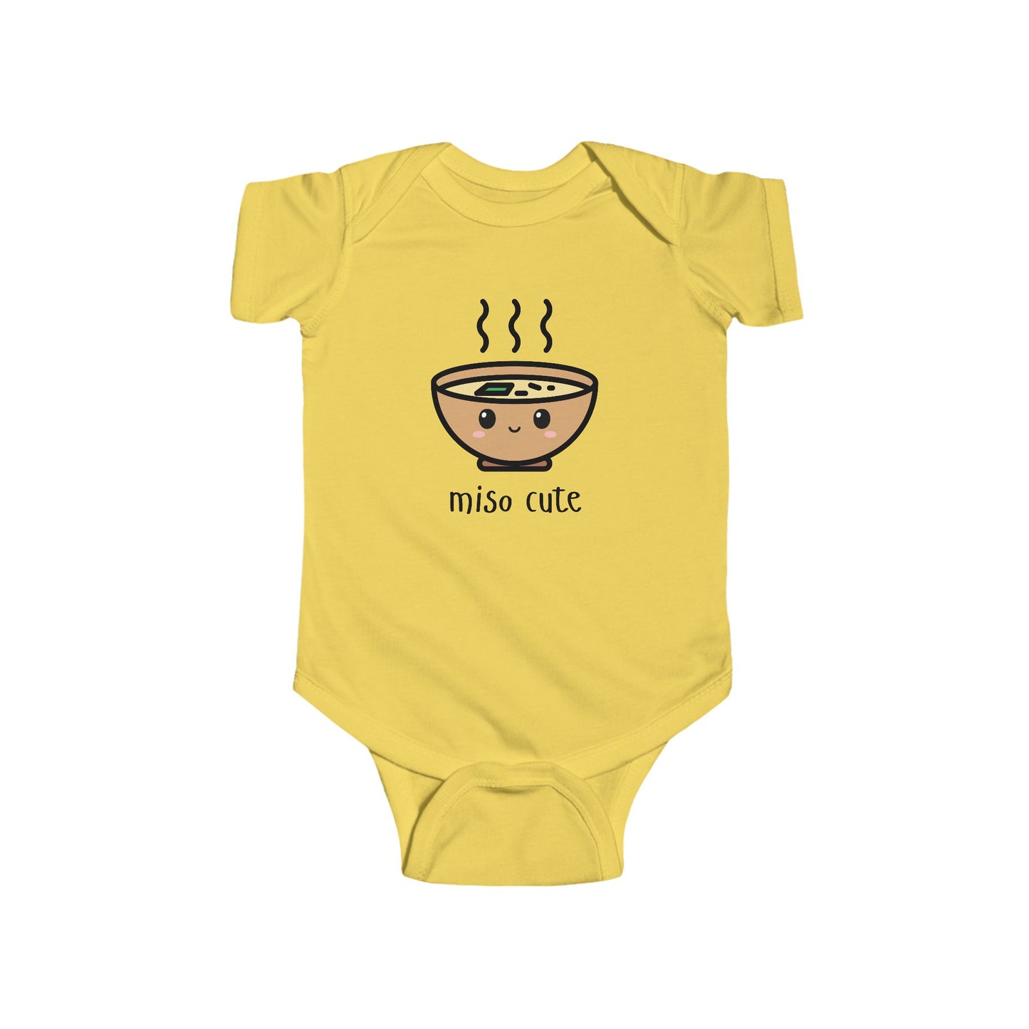 Yellow infant bodysuit that says MISO CUTE with a kawaii illustration of a bowl of miso soup.