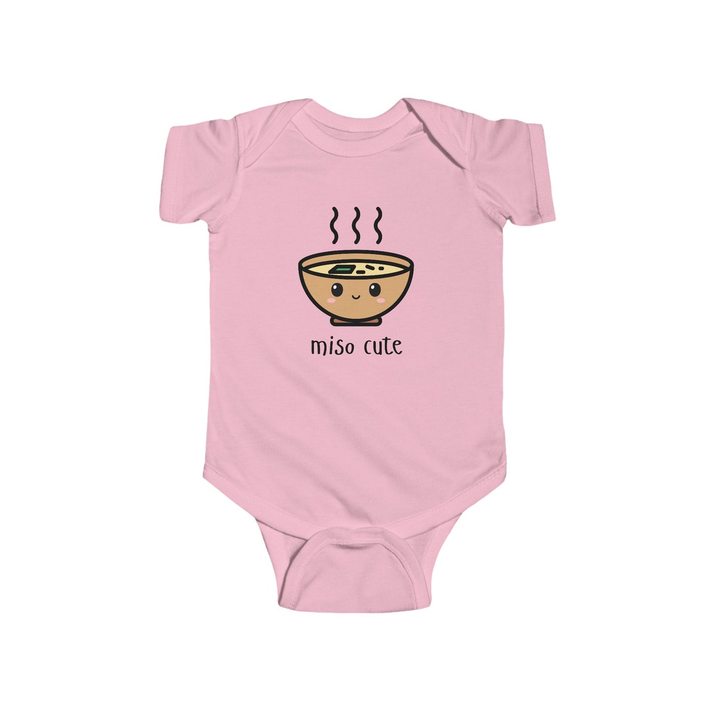 Pink infant bodysuit that says MISO CUTE with a kawaii illustration of a bowl of miso soup.