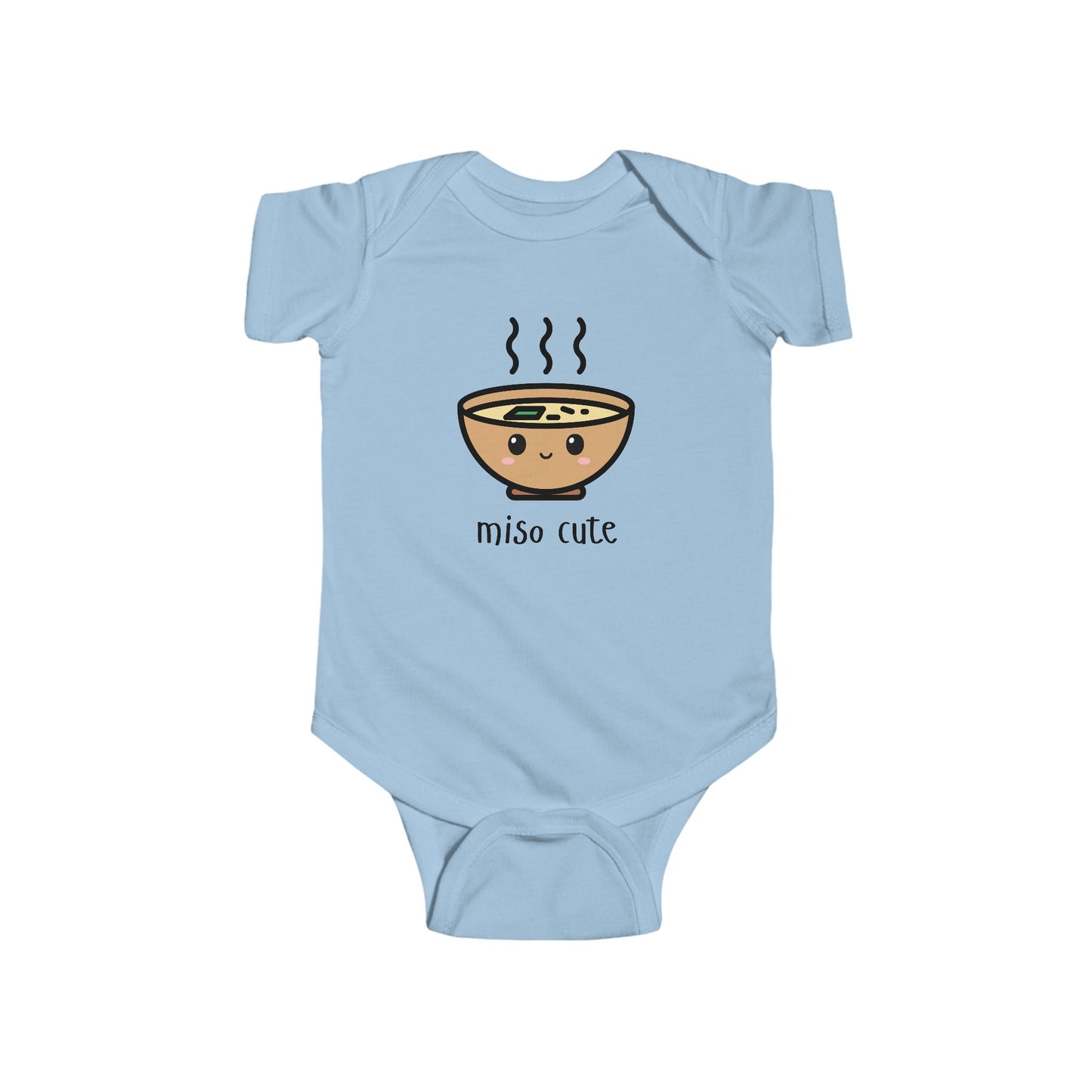 Light blue infant bodysuit that says MISO CUTE with a kawaii illustration of a bowl of miso soup.