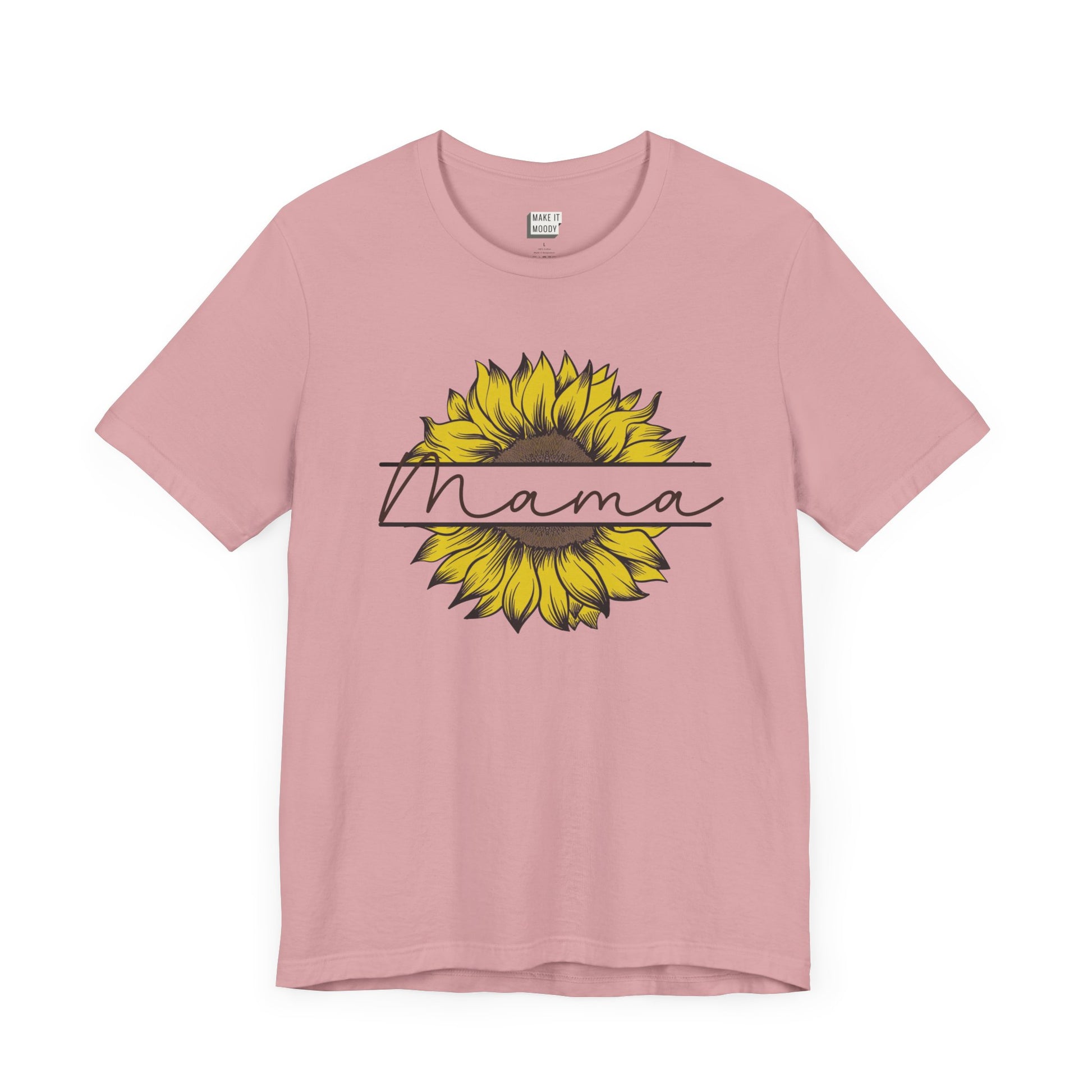 Mom t-shirt in light pink featuring a sunflower graphic with the word Mama across it in script font.