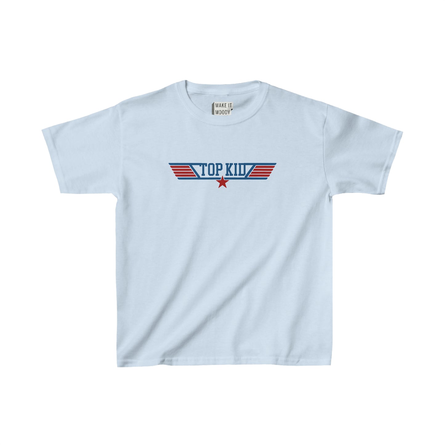 Top Kid" Aviation Tee in Light Blue featuring "Top Kid" text, star, and wings logo in red and blue on the front.