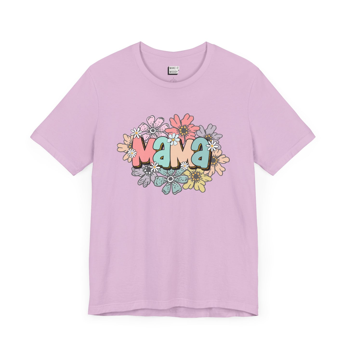 Lilac purple mom t-shirt adorned with the word Mama in colorful letters, surrounded by pastel flowers.