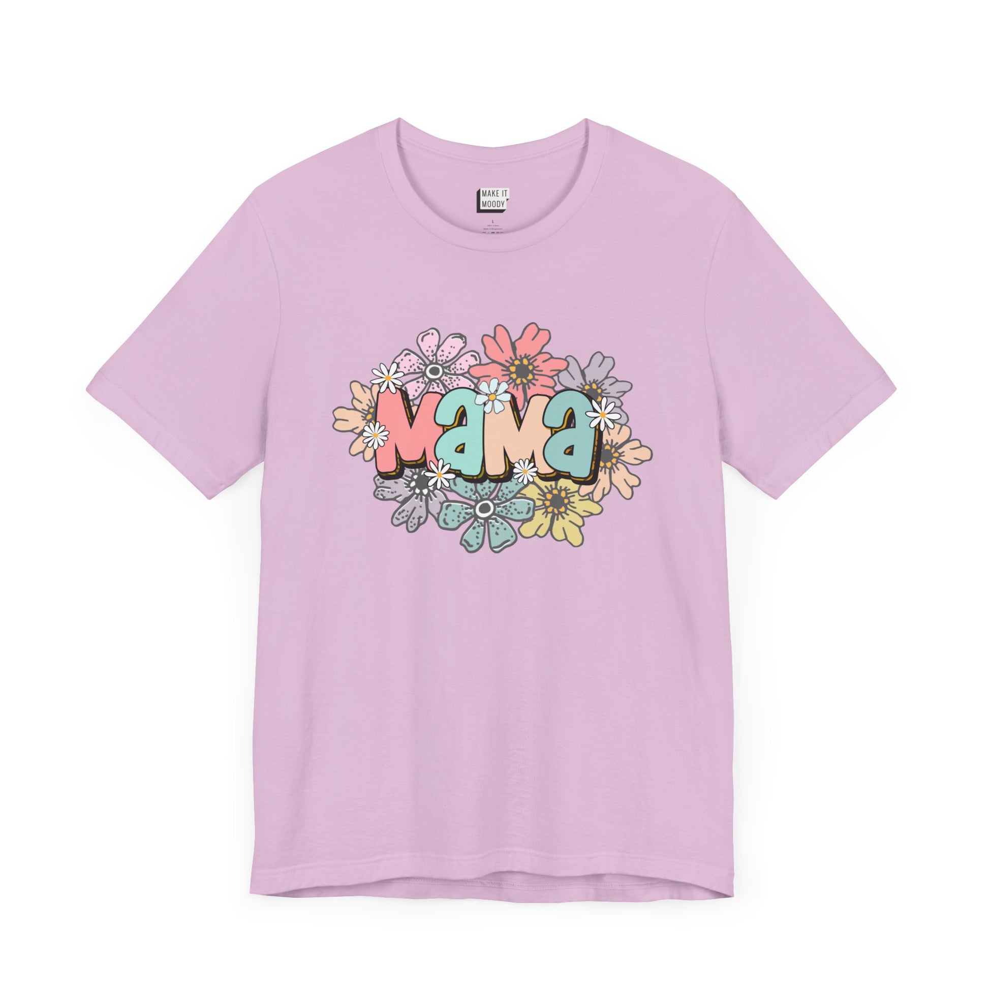 Lilac purple mom t-shirt adorned with the word Mama in colorful letters, surrounded by pastel flowers.