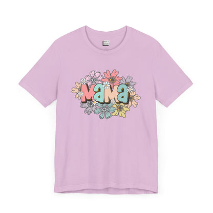 Lilac purple mom t-shirt adorned with the word Mama in colorful letters, surrounded by pastel flowers.