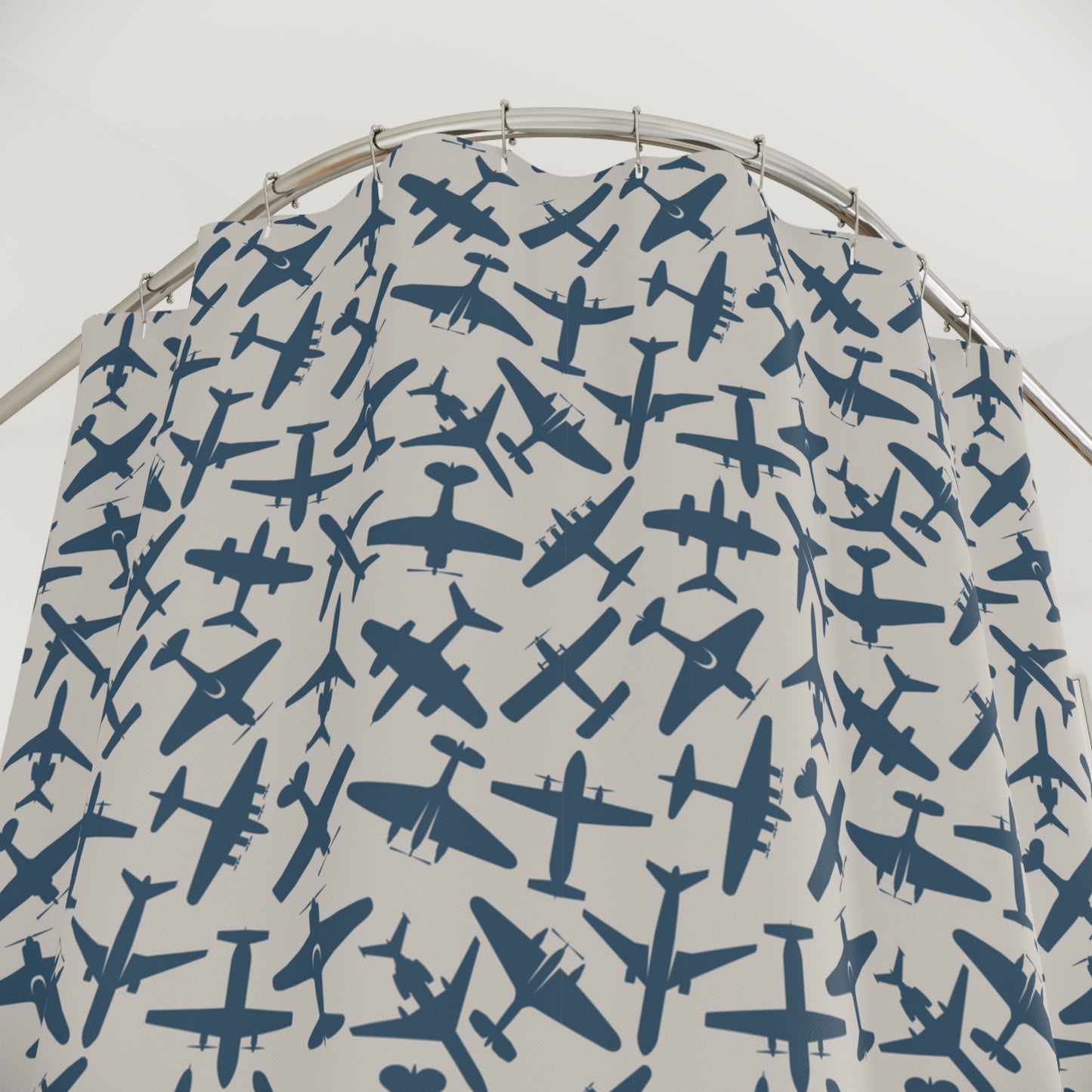 aviation merchandise, airplane patterned shower curtain, close up