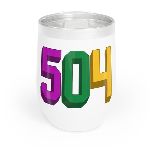 mardi gras themed wine tumbler with "504" area code printed on it