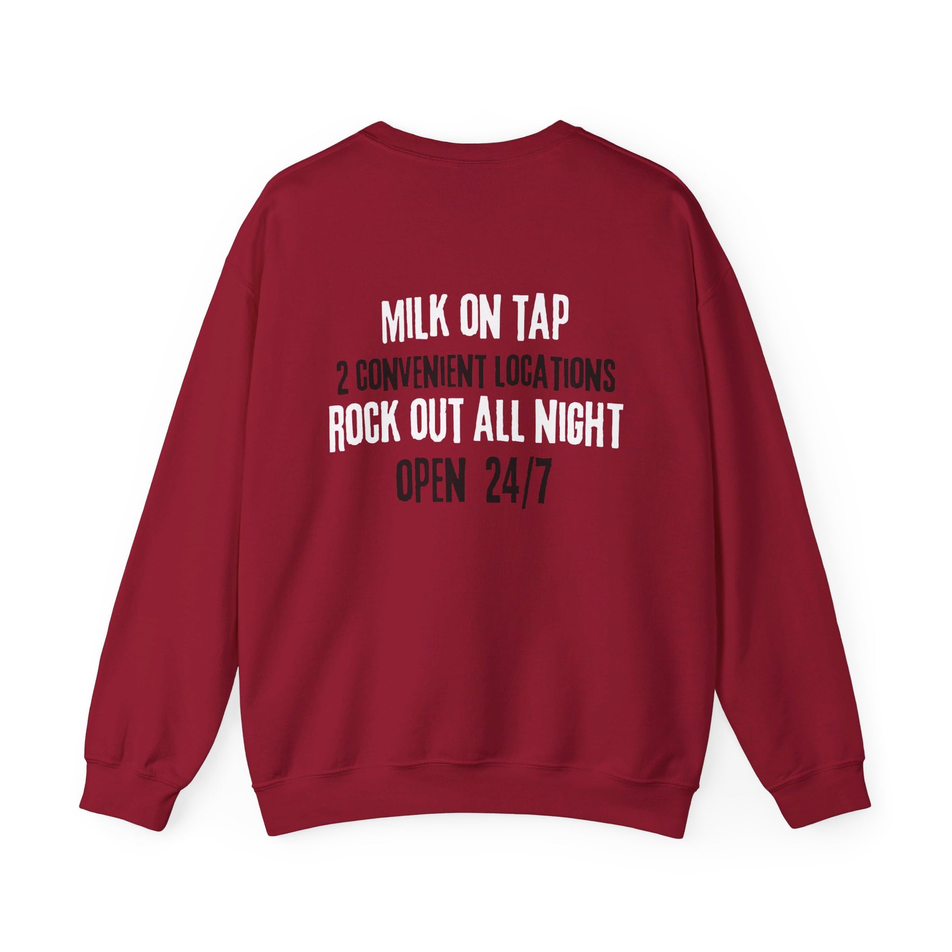 breastfeeding sweatshirt that says MILK ON TAP, 2 CONVENIENT LOCATIONS, ROCK OUT ALL NIGHT, OPEN 24/7 on the back.