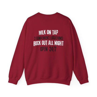 breastfeeding sweatshirt that says MILK ON TAP, 2 CONVENIENT LOCATIONS, ROCK OUT ALL NIGHT, OPEN 24/7 on the back.