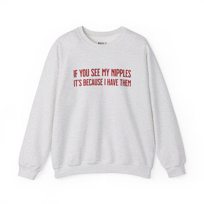 Ash colored breastfeeding sweatshirt that says IF YOU SEE MY NIPPLES IT'S BECAUSE I HAVE THEM in red font.