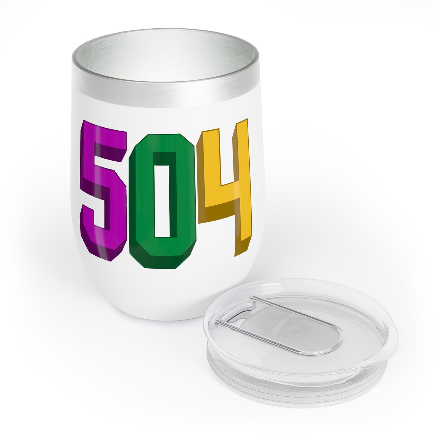 mardi gras themed wine tumbler with "504" area code printed on it