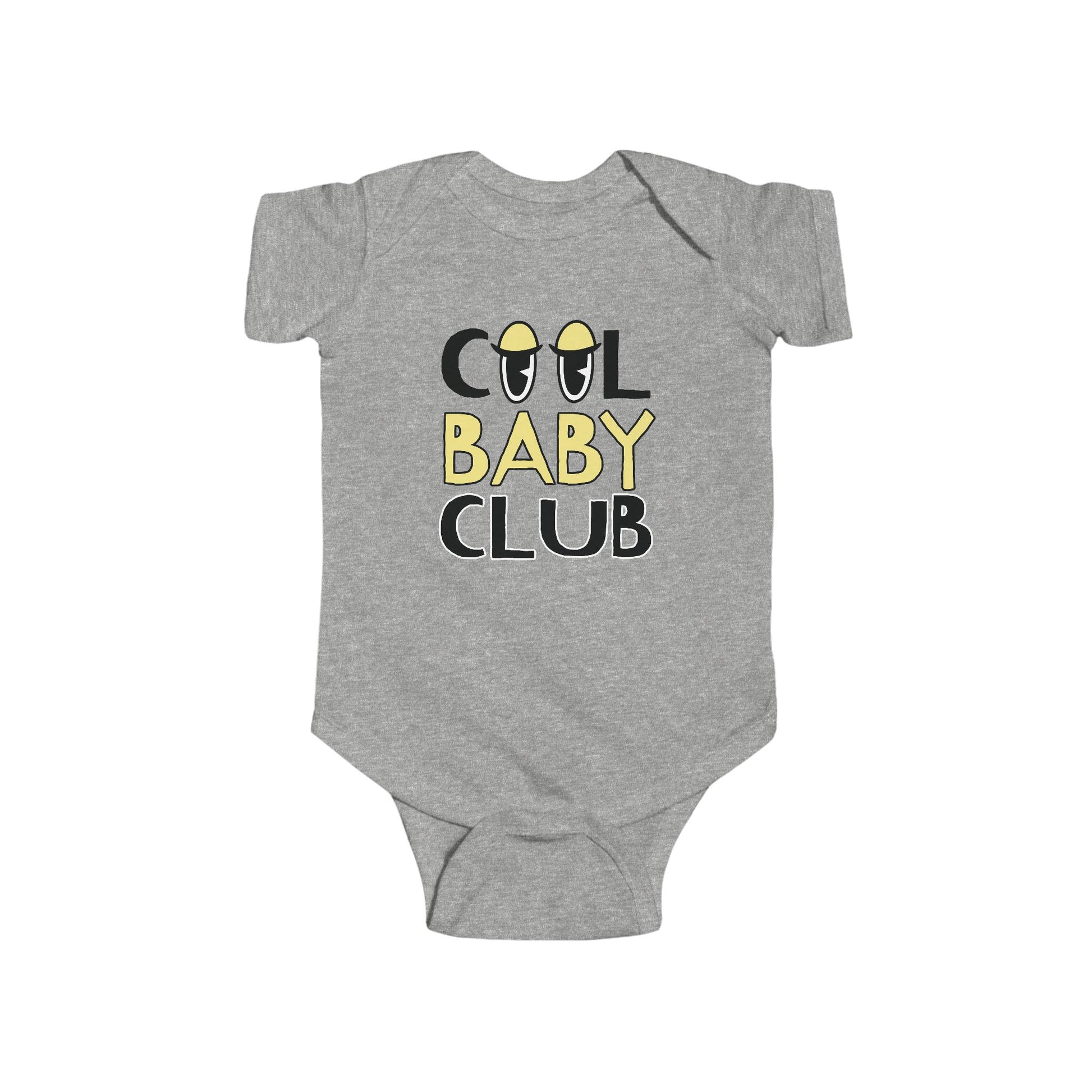 heather grey infant bodysuit that says COOL BABY CLUB on the front in black and yellow lettering