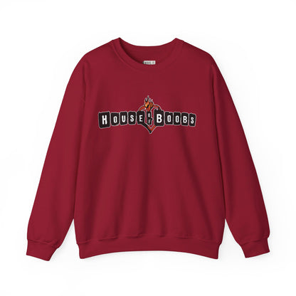 dark red breastfeeding sweatshirt that says house of boobs on the front.