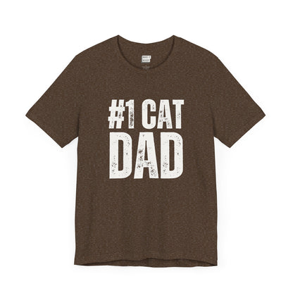 funny brown t shirt that says #1 cat dad in bold lettering