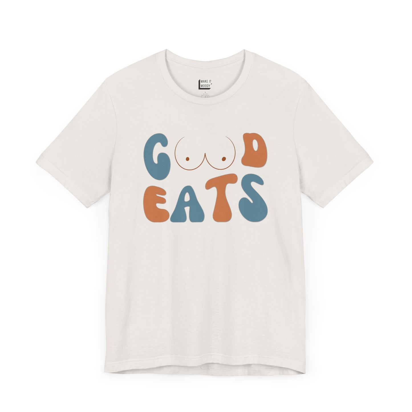 funny retro-style breastfeeding mom t-shirt in the color vintage white that says GOOD EATS on the front with a minimalistic breast graphic in place of the double O in the word GOOD.