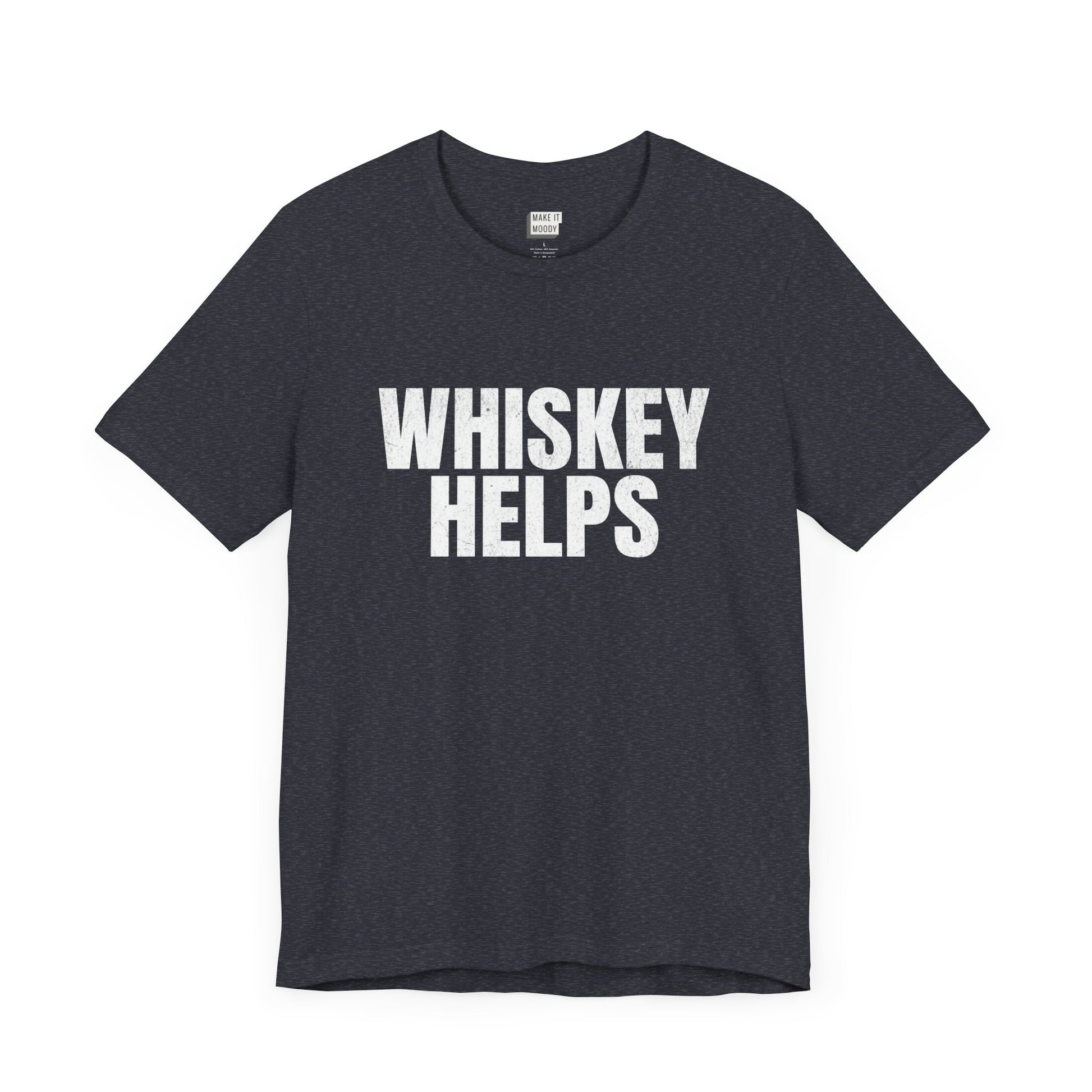 heather navy funny drinking t-shirt that says WHISKEY HELPS in white bold caps letters on the front