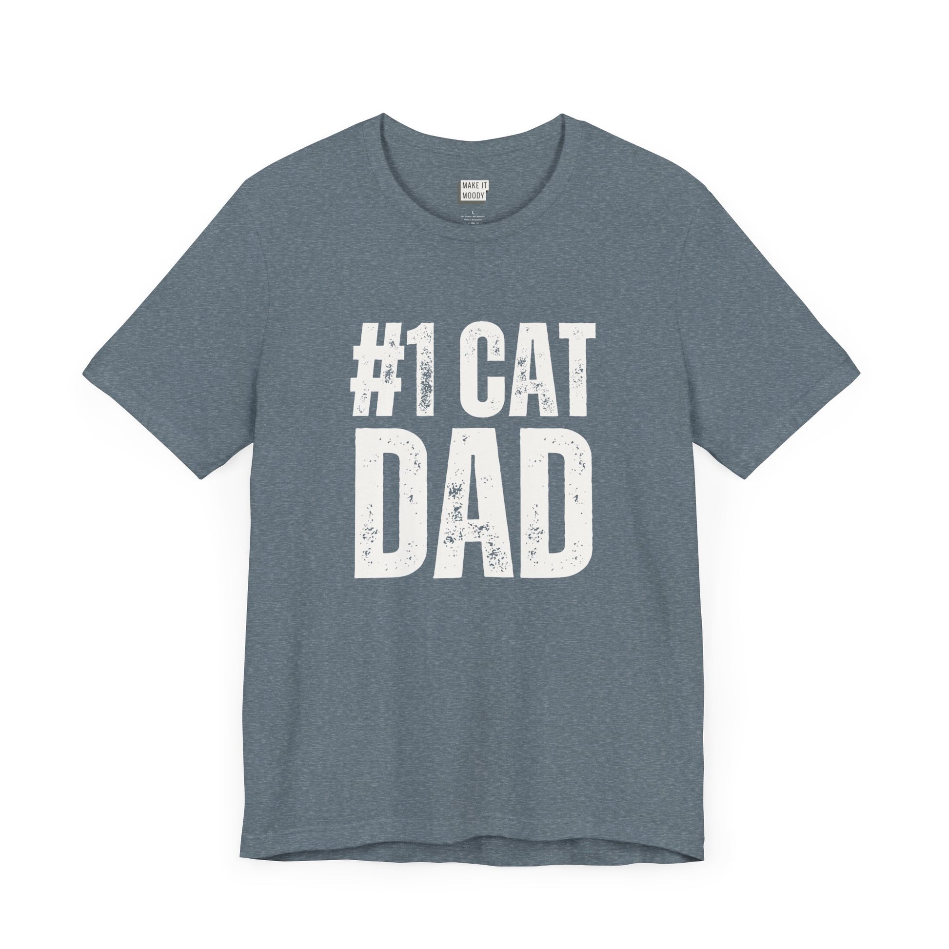 funny blue t shirt that says #1 cat dad in bold lettering