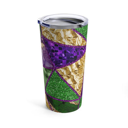 geometric print mardi gras themed wine tumbler