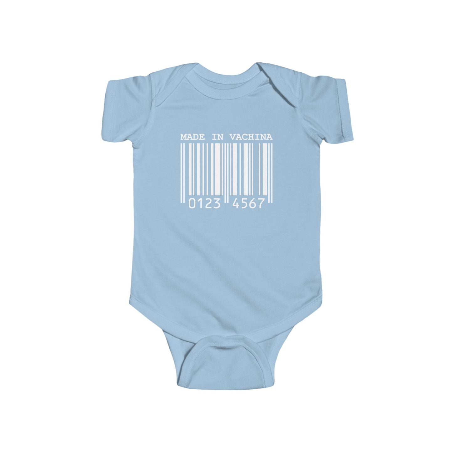 Light blue infant bodysuit that says MADE IN VACHINA with a graphic of a barcode