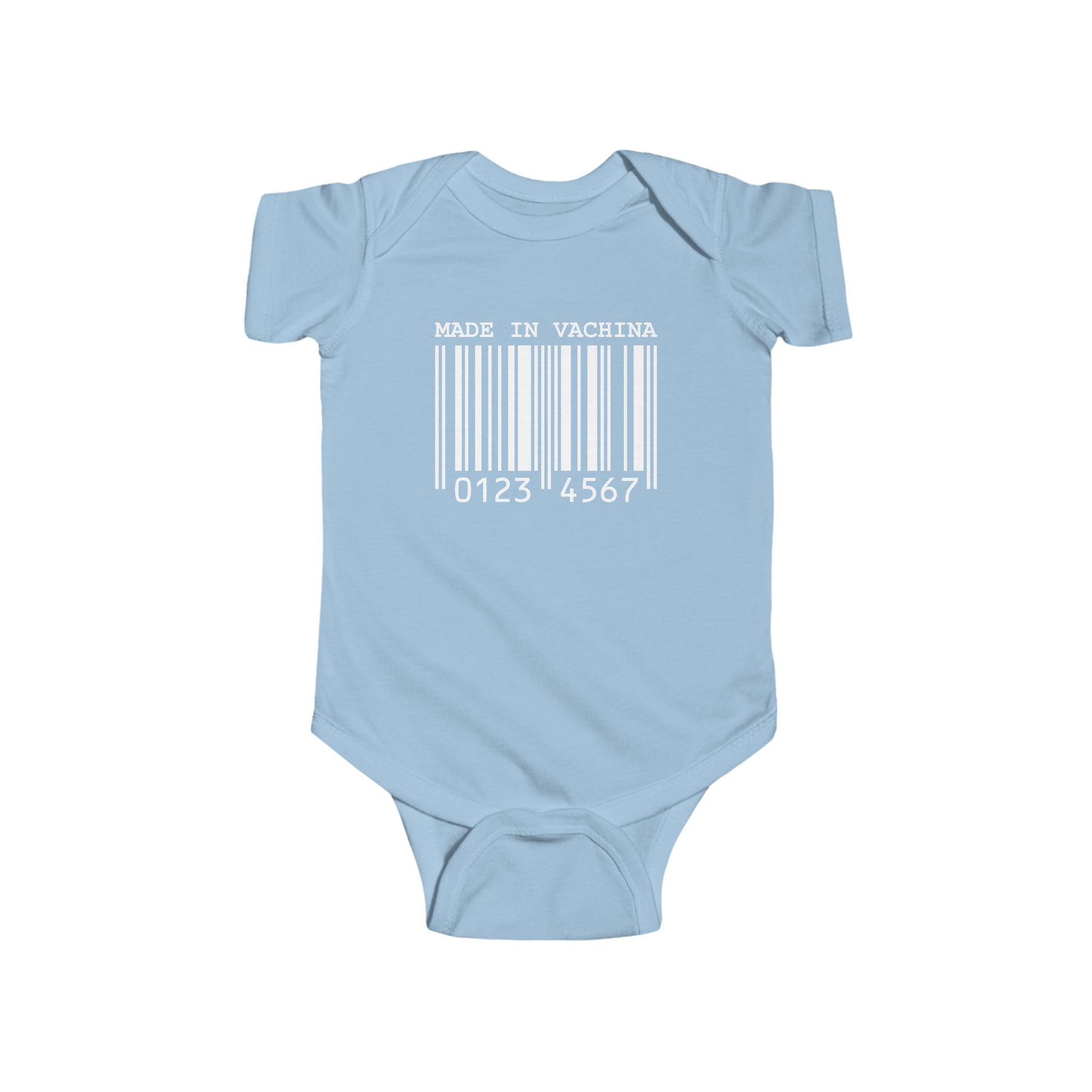 Light blue infant bodysuit that says MADE IN VACHINA with a graphic of a barcode