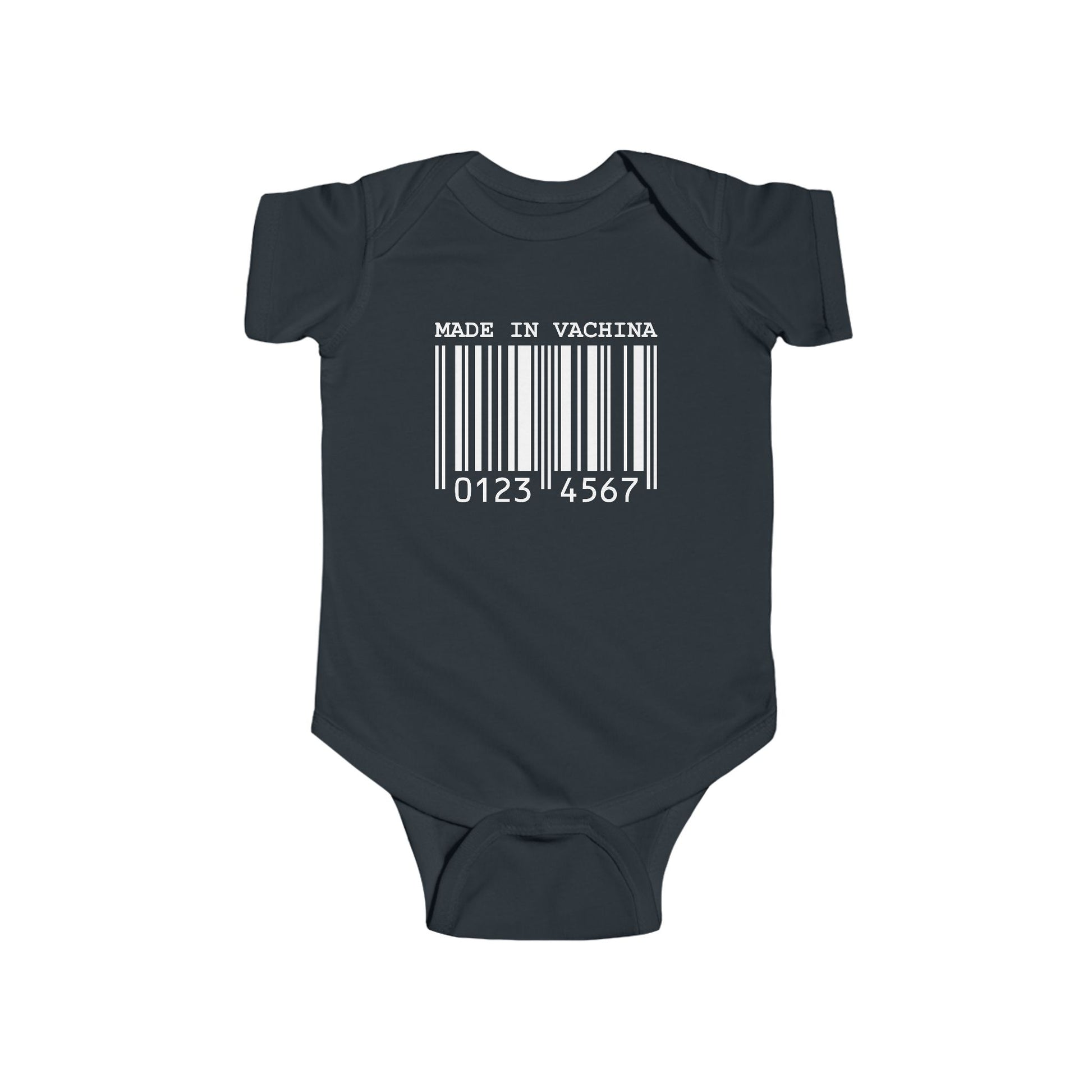 Black infant bodysuit that says MADE IN VACHINA with a graphic of a barcode