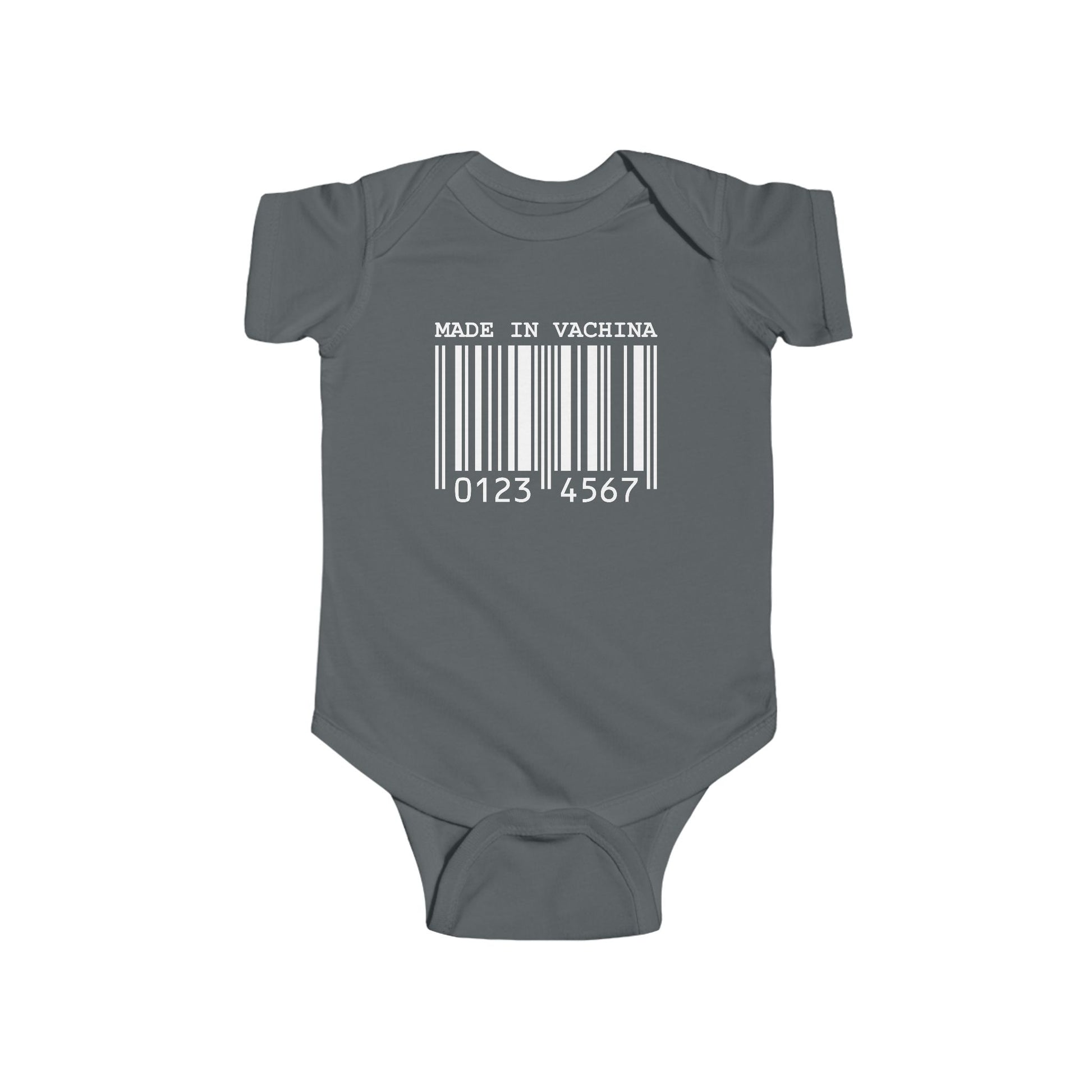 Grey infant bodysuit that says MADE IN VACHINA with a graphic of a barcode