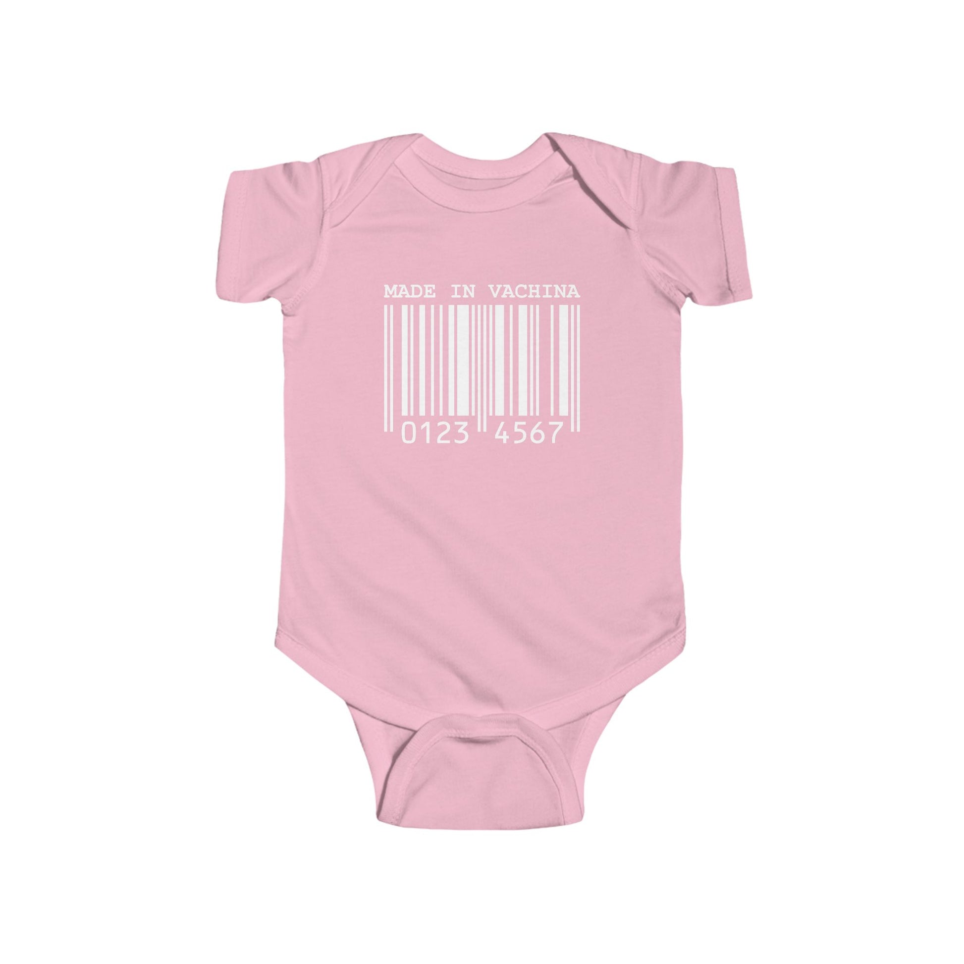 Light pink infant bodysuit that says MADE IN VACHINA with a graphic of a barcode