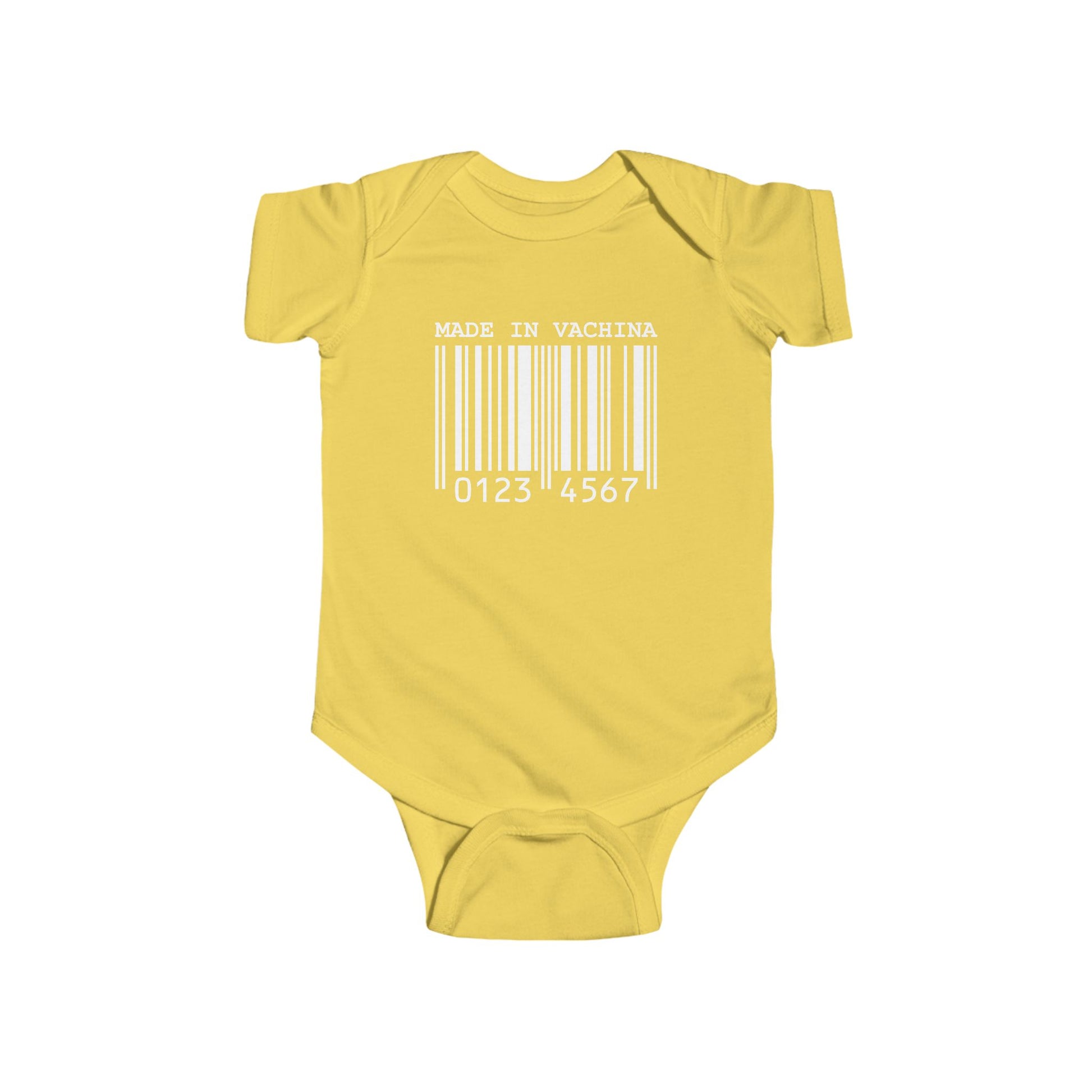 Yellow infant bodysuit that says MADE IN VACHINA with a graphic of a barcode