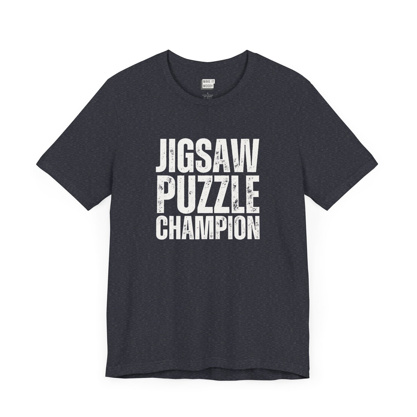 funny graphic t shirt in navy that says JIGSAW PUZZLE CHAMPION in bold white lettering