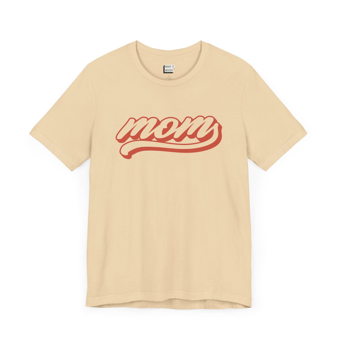 Soft cream baseball style mom t-shirt with the word MOM written in red cursive text.