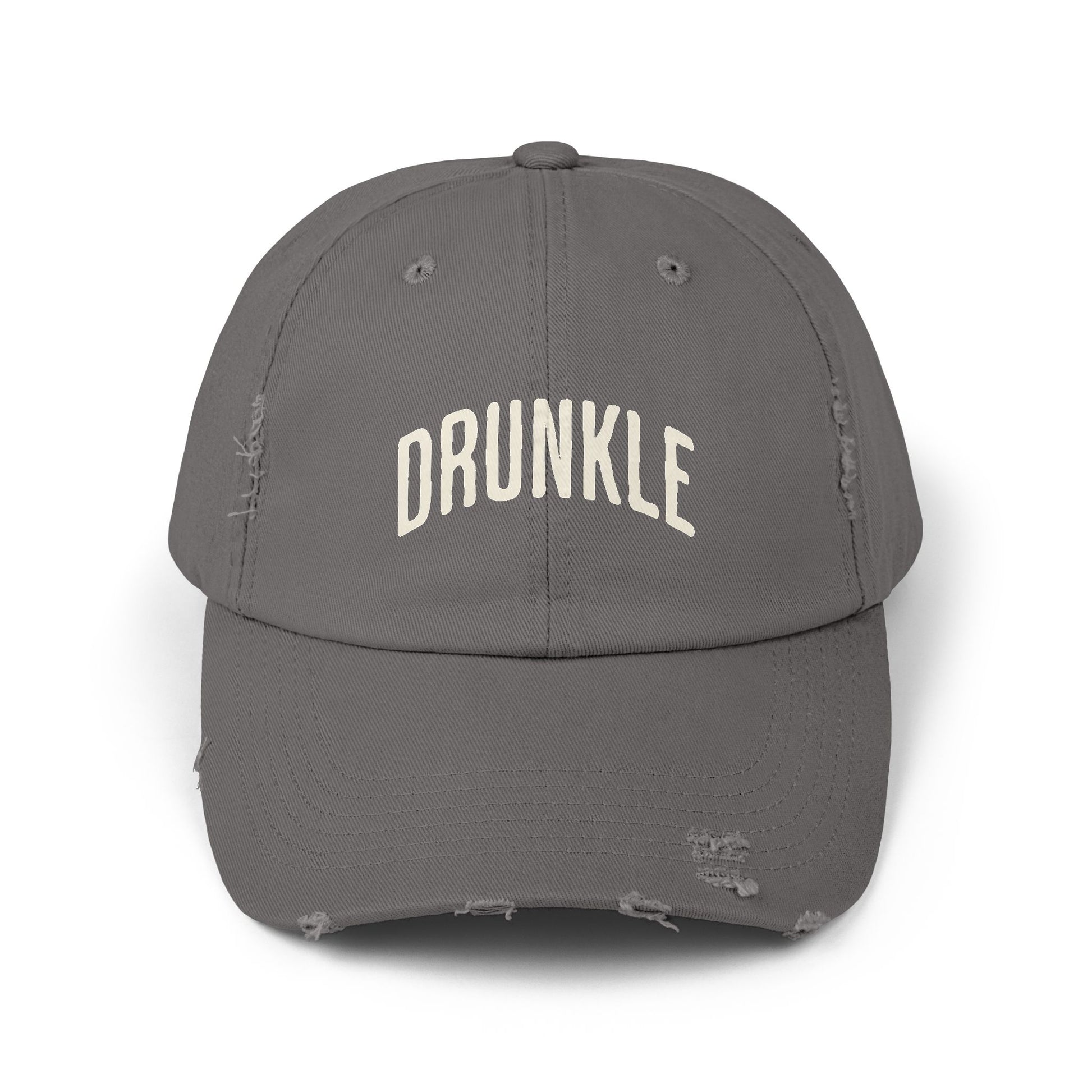 Gray colored hat that says DRUNKLE on the front in arched lettering.